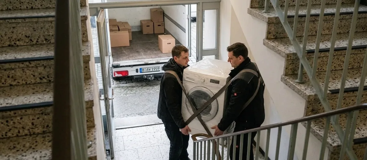 Zwei Träger tragen eine in Folie verpackte Waschmaschine mit Gurten ins Treppenhaus