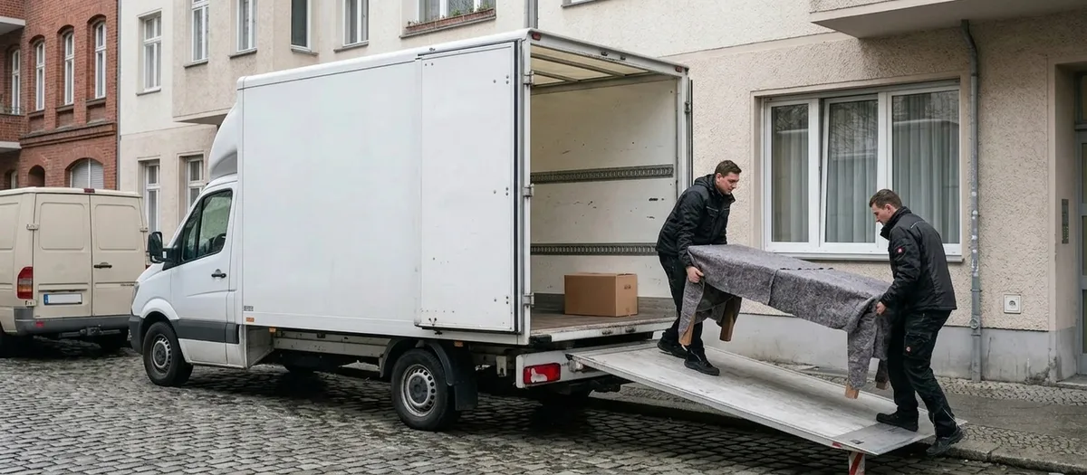 Zwei Träger schieben einen in Decken gewickelten Tisch über die Ladeklappe in den weißen Koffer-LKW