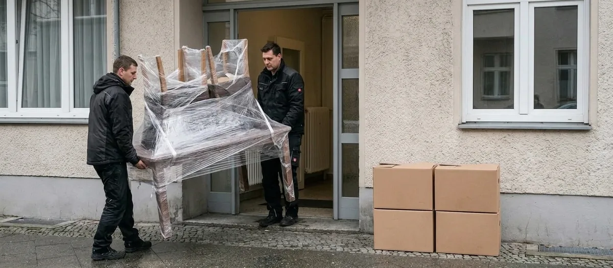 Zwei Träger tragen einen eingewickelten Tisch mit Stühlen aus dem Hauseingang, daneben stehen vier Umzugskartons