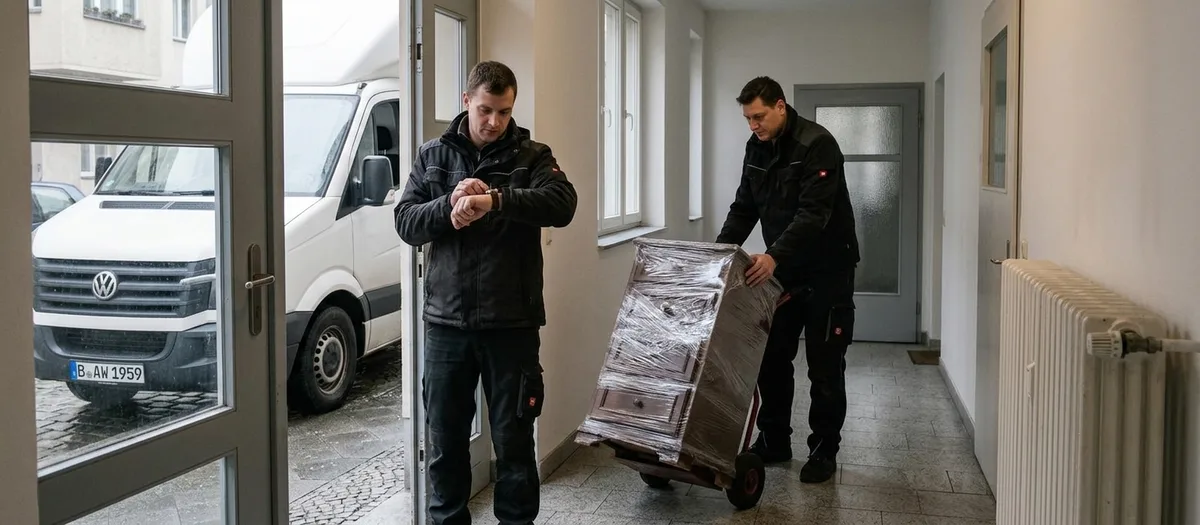 Träger schaut auf die Armbanduhr, daneben steht eine eingewickelte Kommode auf der Sackkarre im Hausflur